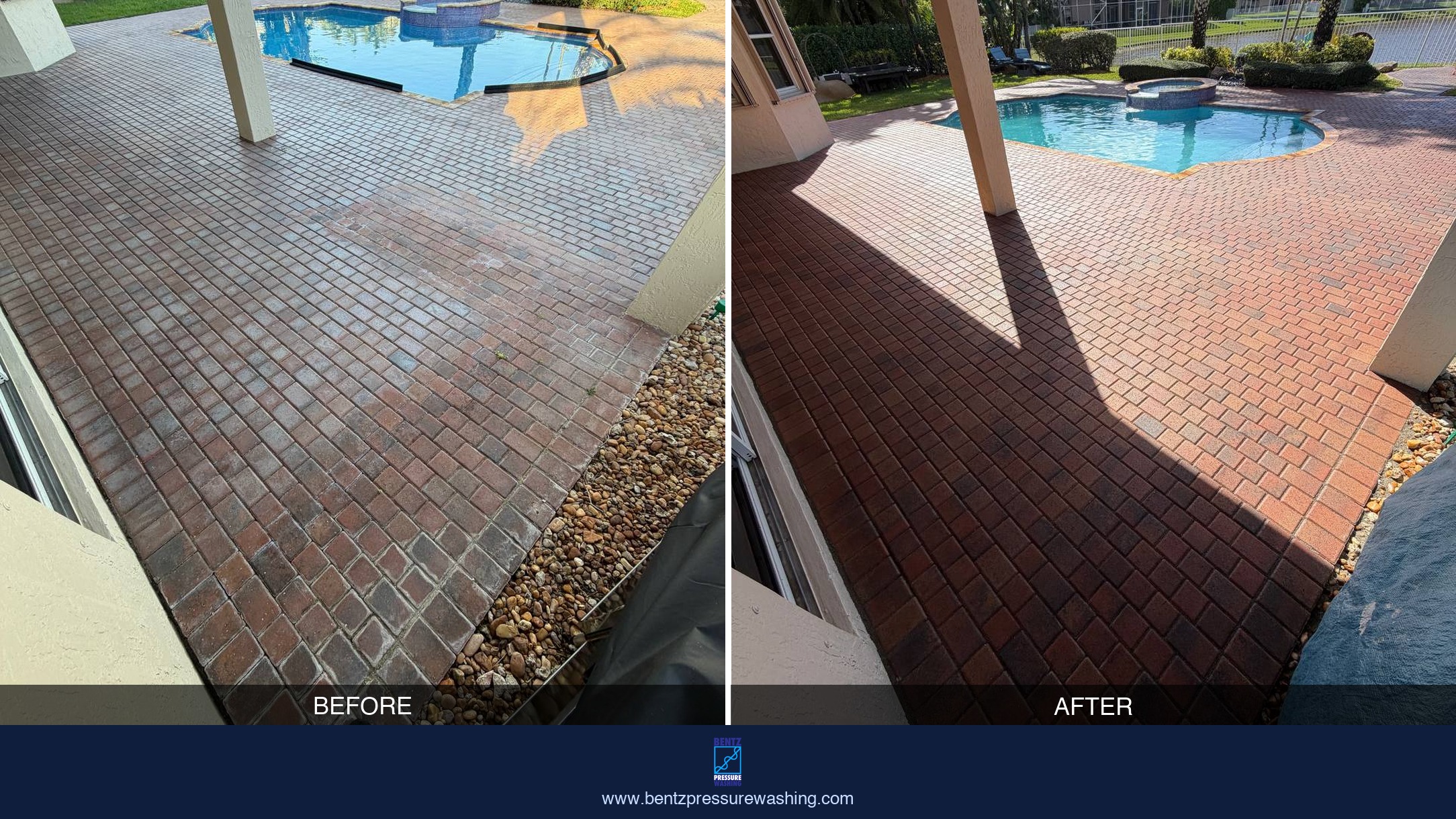 Pool deck paver restoration before and after — Bentz Pressure Washing